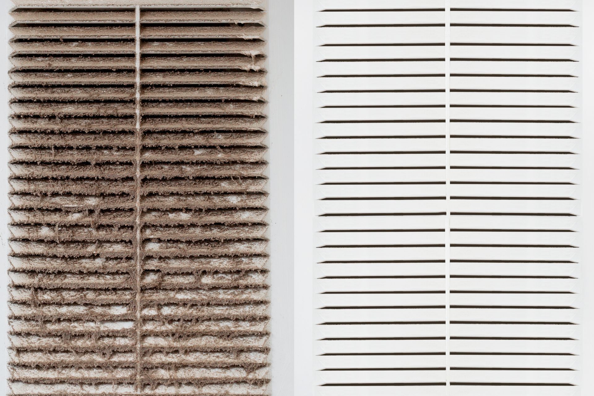 A before and after picture of a dirty air vent and a clean air vent.
