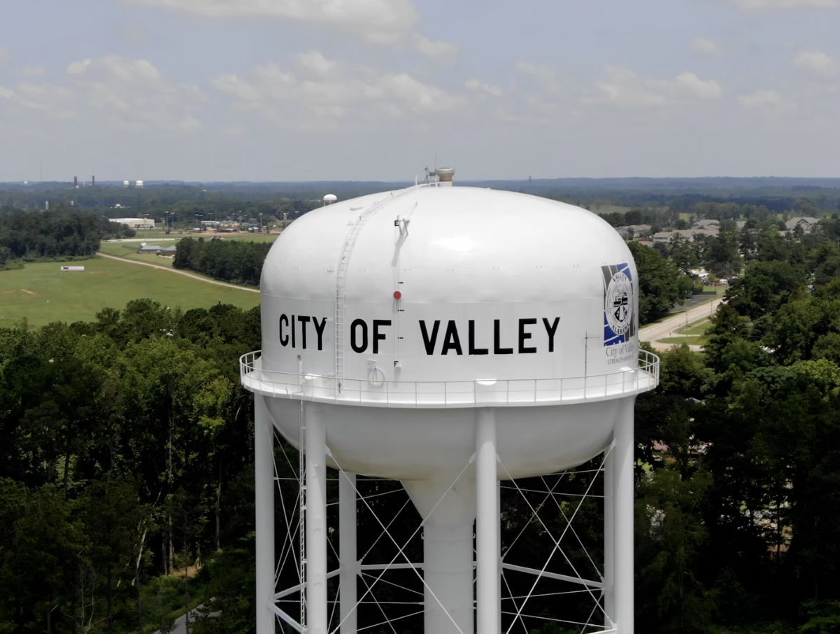 An aerial view of the city of valley water tower