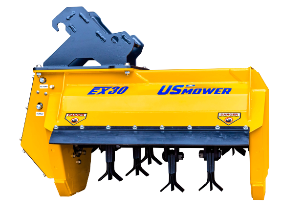 Yellow USMOWER EX30 excavator flail mower attachment with black rotary cutting blades on a white background.