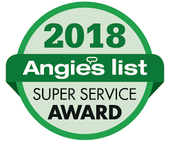 A green and white badge that says `` angie 's list super service award ''.
