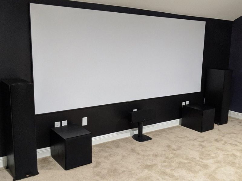 A home theater with a large screen and speakers