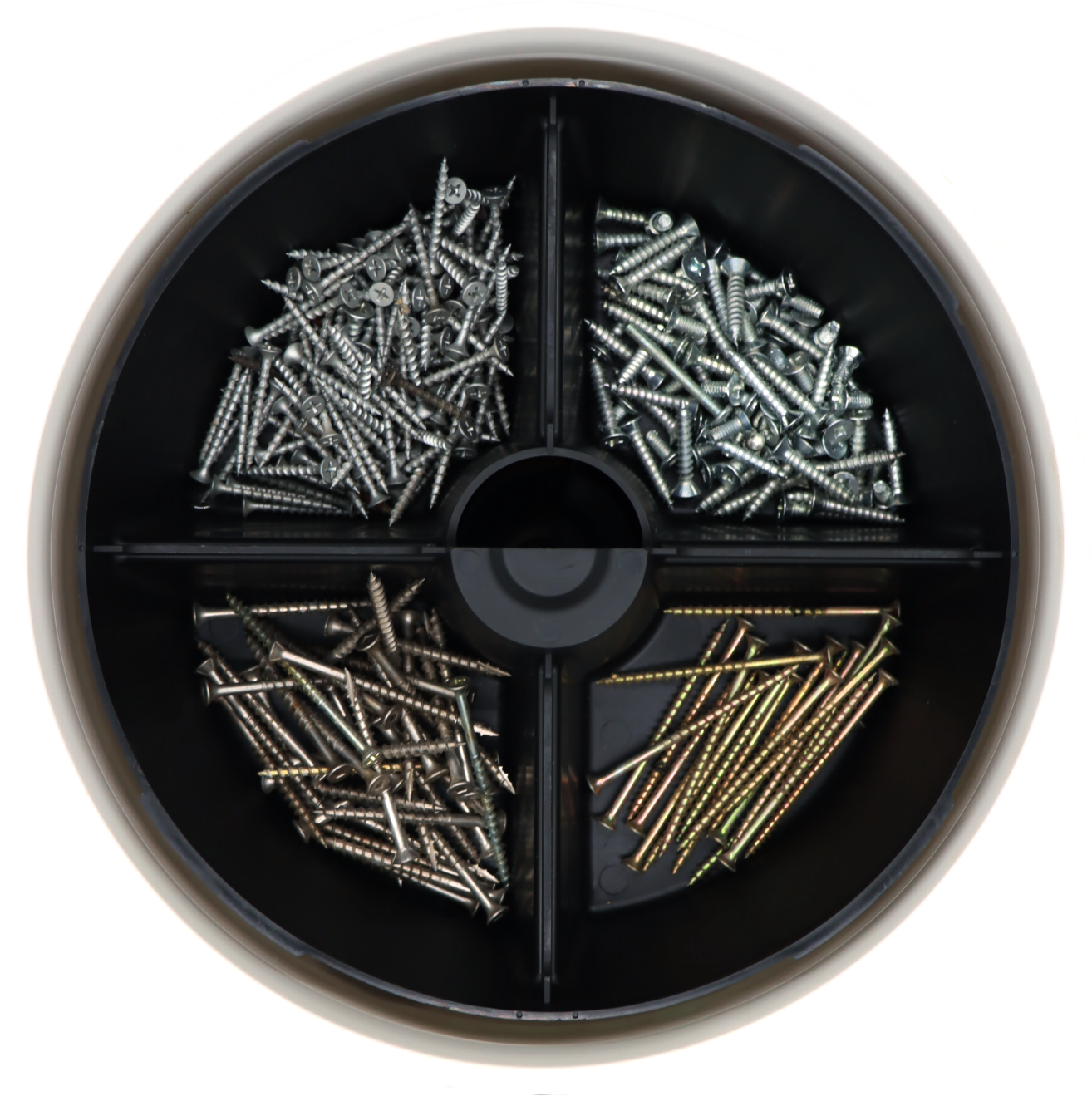 pail mate top view of organized screws for construction