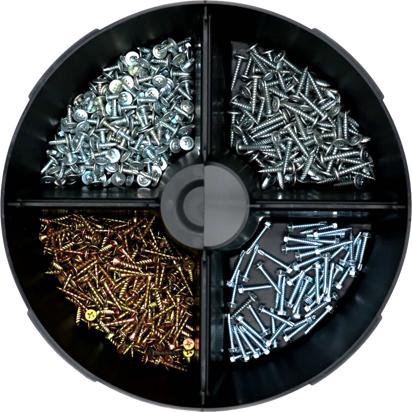 pail mate top view of organized screws for construction