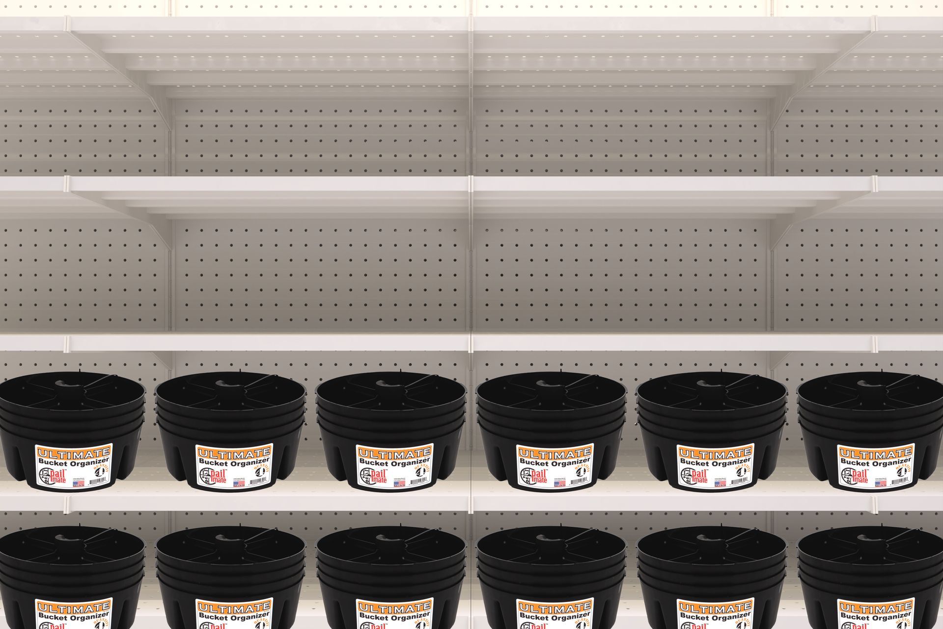 Rows of black buckets on store shelves, mostly empty shelves above.