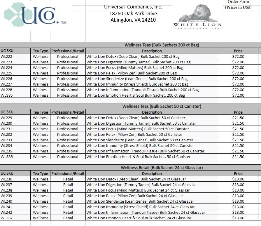 White Lion Price List