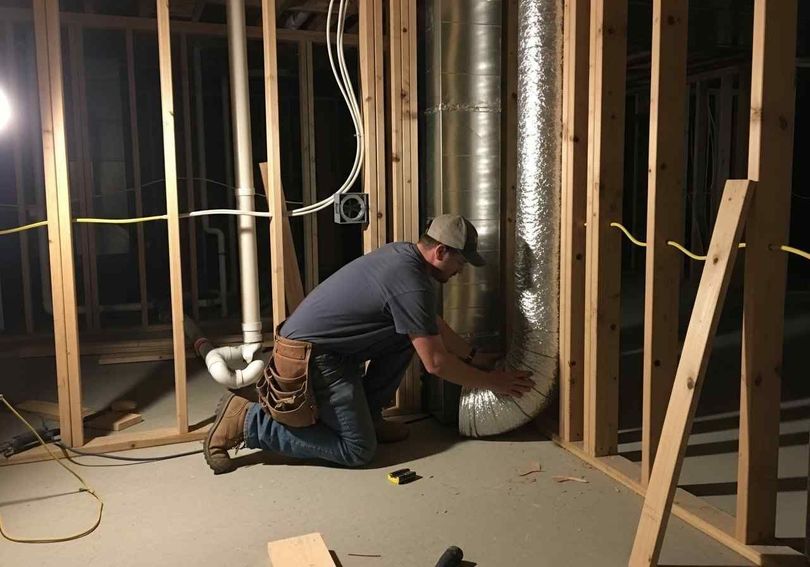 A man is kneeling down in a room while working on a pipe.