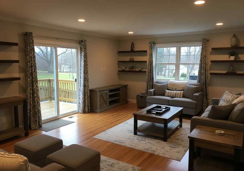 A living room filled with furniture and a sliding glass door leading to a deck.