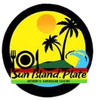 Logo for Sun Island Plate, a Caribbean restaurant; palm tree, sun, wave, plate, fork, knife.