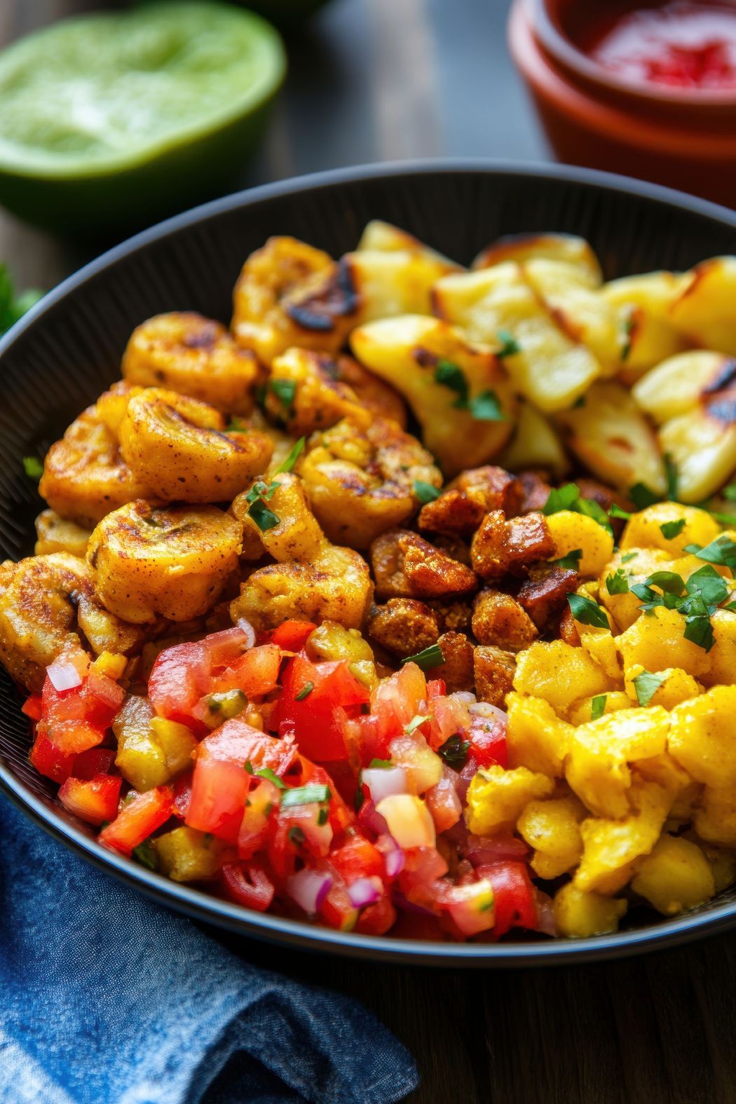 Black bowl filled with seasoned shrimp, diced tomatoes, plantains, and potatoes.