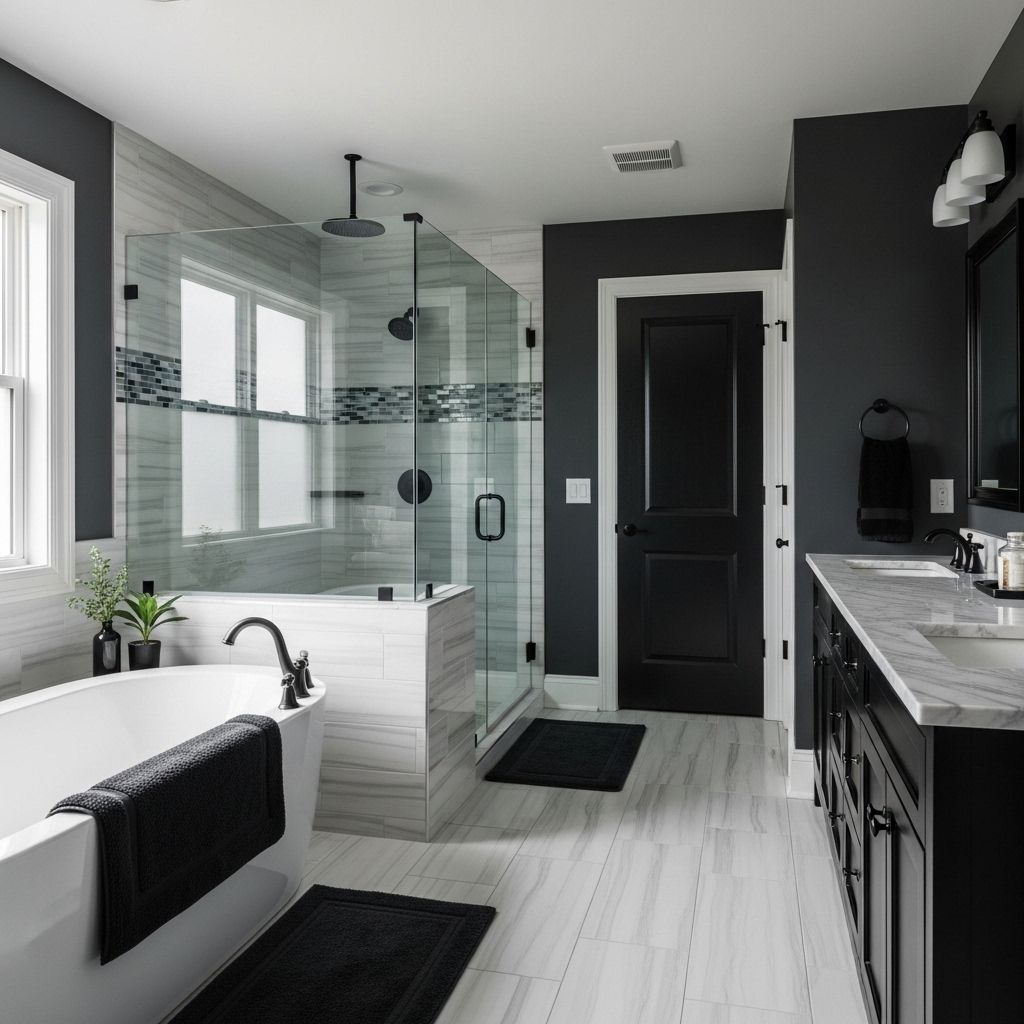 Modern bathroom with white tub, walk-in shower, black vanity, and dark gray walls.