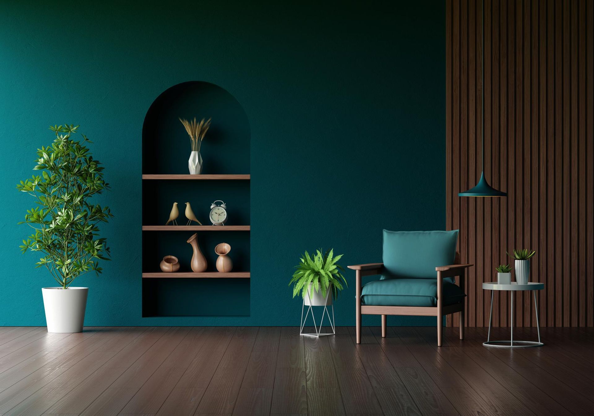 Teal room with arch shelves holding decor, an armchair, plants, and a small table.