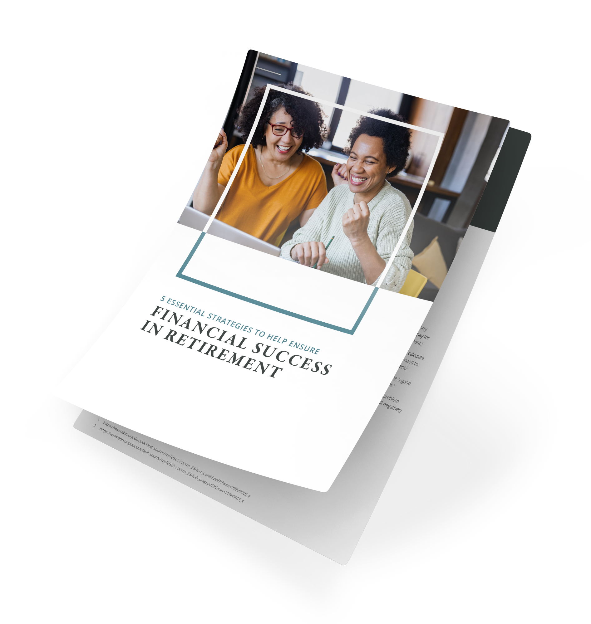 Two women in a brochure cover for financial success in retirement, one excited and pointing up, the other smiling.