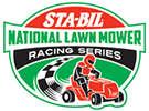 The logo for the national lawn mower racing series shows a man riding a lawn mower.