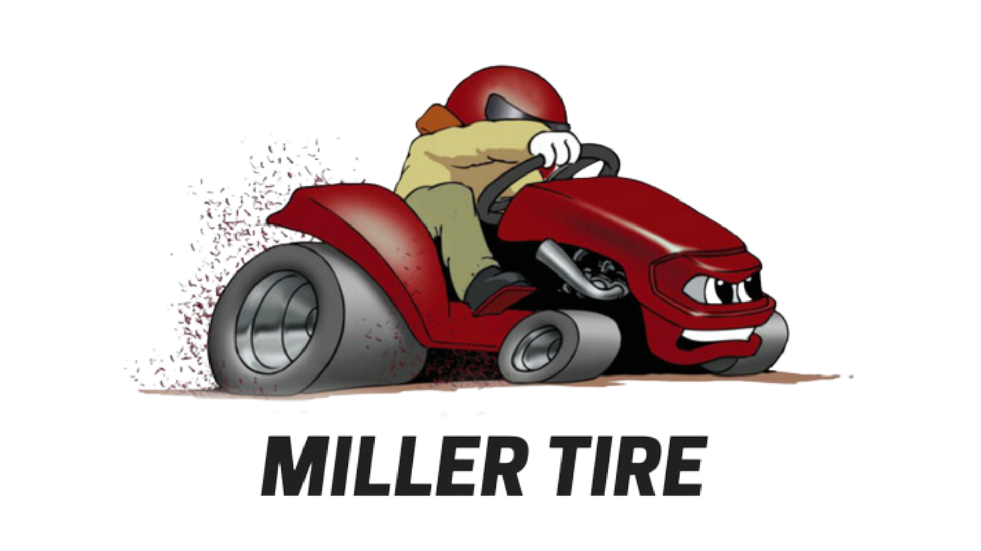 A cartoon of a person riding a lawn mower for miller tire