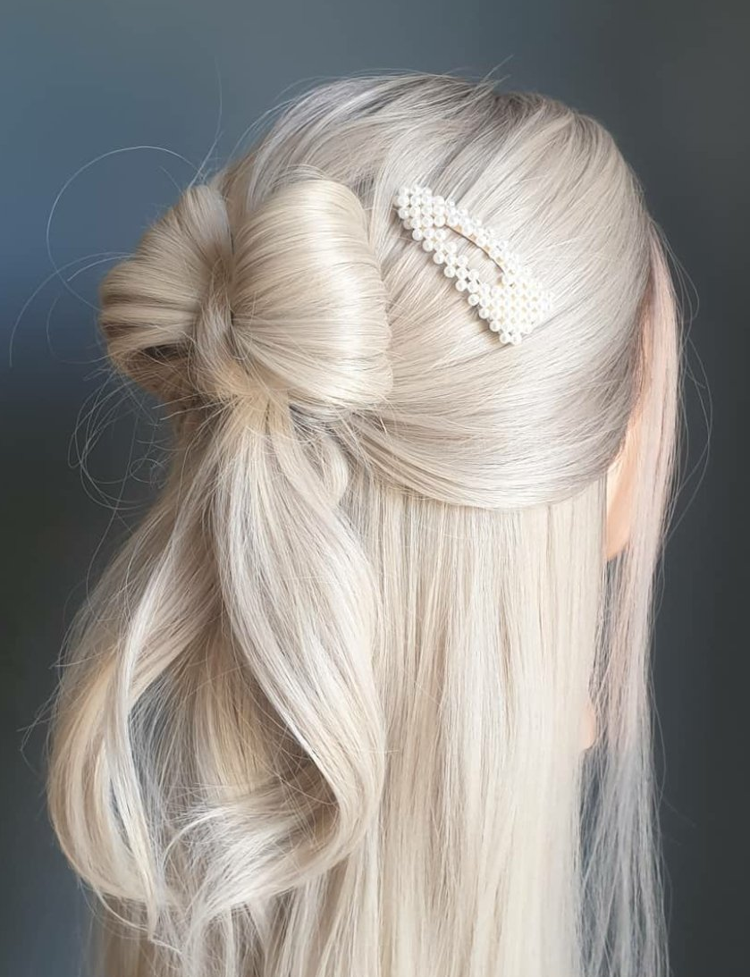 hair bow half up hair with pearl clip