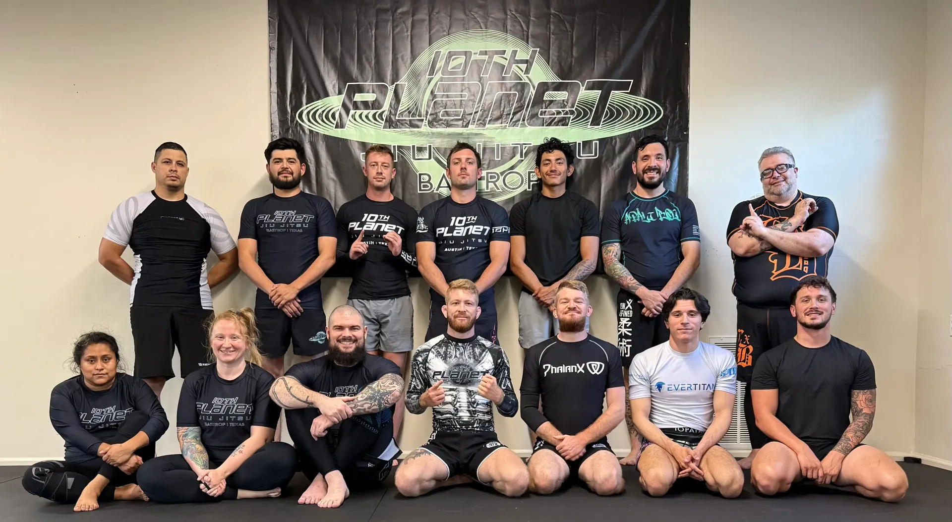 Children participating in a Brazilian Jiu-Jitsu class at 10th Planet Bastrop in Bastrop, Texas