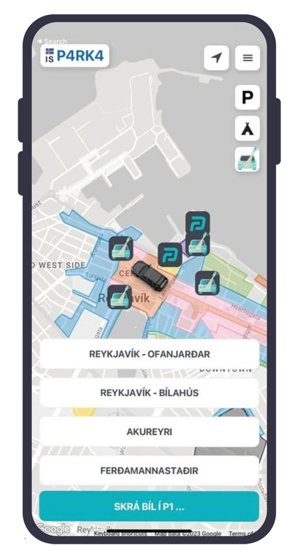 Mobile app showing a map of Reykjavik with parking options; a car icon is centered.