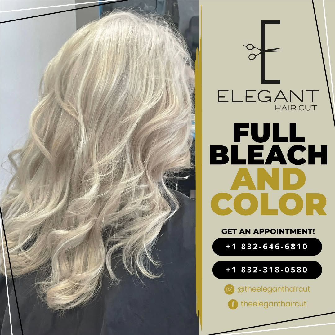 Advertisement for Elegant Hair Studio: offering full bleach and color service. Features a woman with blonde wavy hair and contact information.