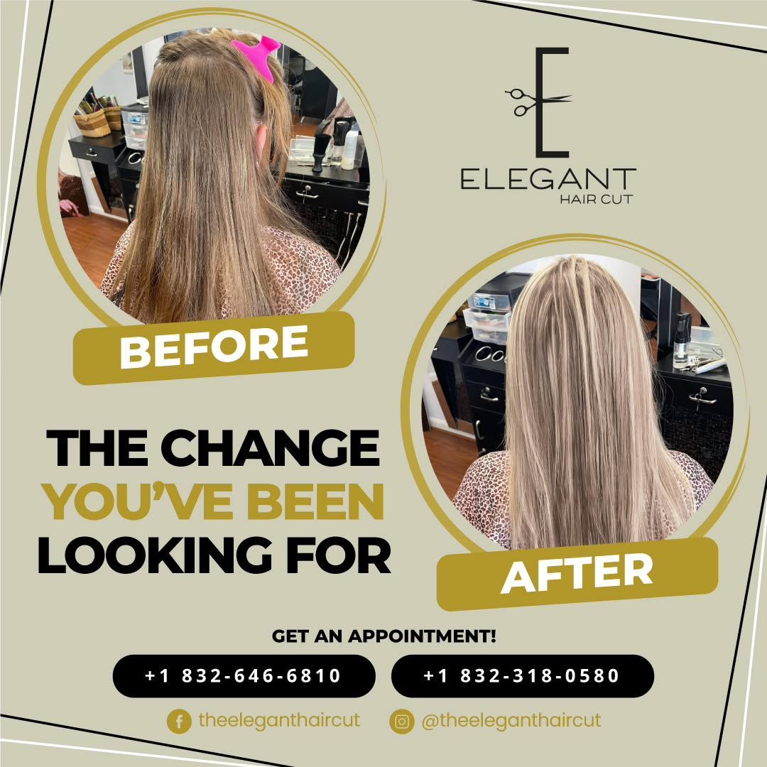 Hair salon ad: before/after photos of hair transformation.  Shows hair color change from dark brown to blonde with contact info.