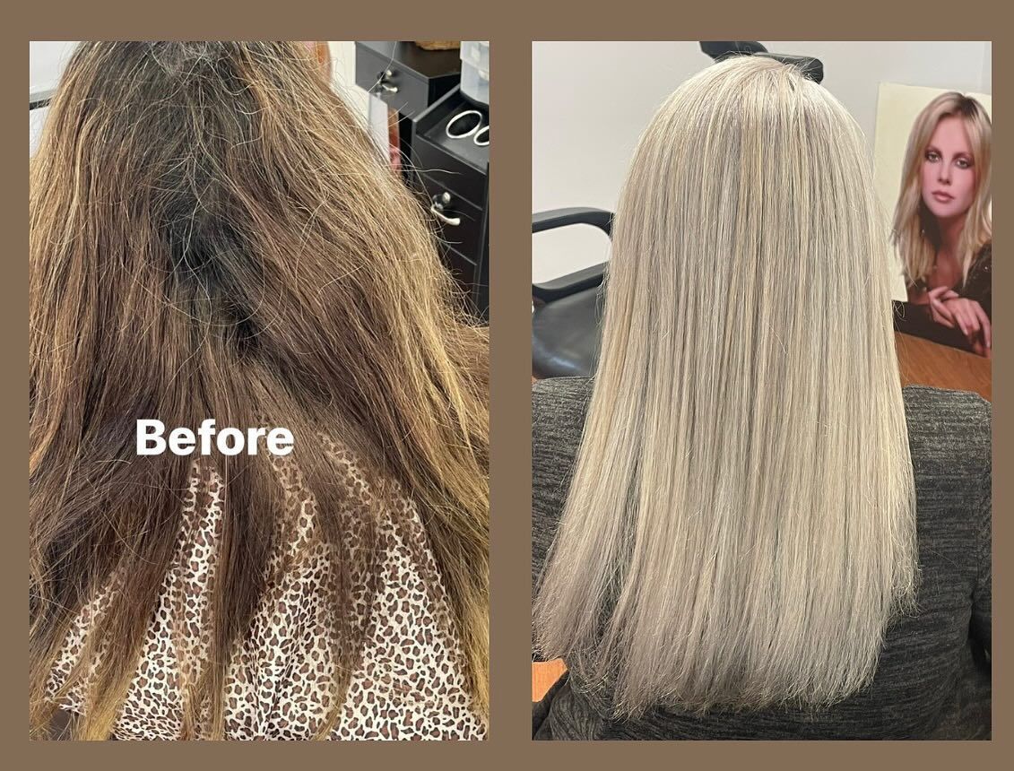 Before/after of hair transformation: from dark brown, damaged hair to long, straight, platinum blonde.