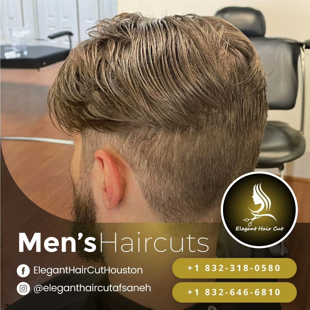 Man with a textured haircut and fade, advertised as 