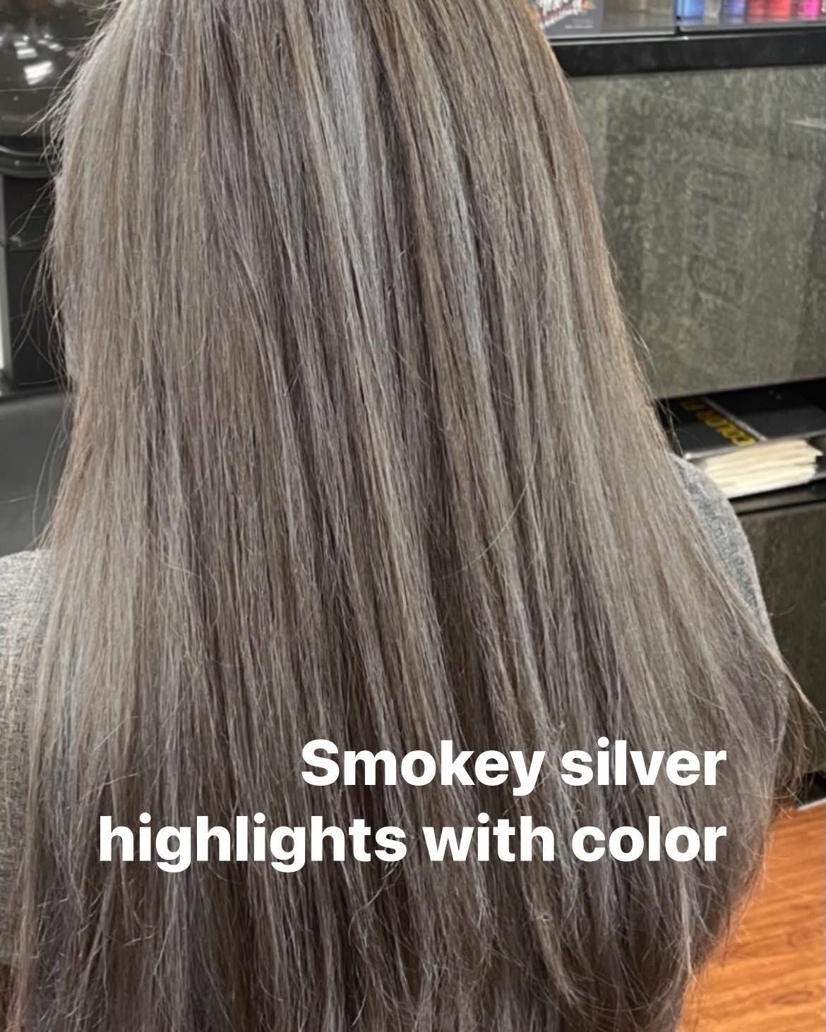 Woman's hair with smokey silver highlights. Hair is long, straight, and in shades of gray.
