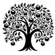 A black and white silhouette of an apple tree with apples and leaves.
