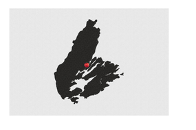 A black and white map of Cape Breton on a white background.