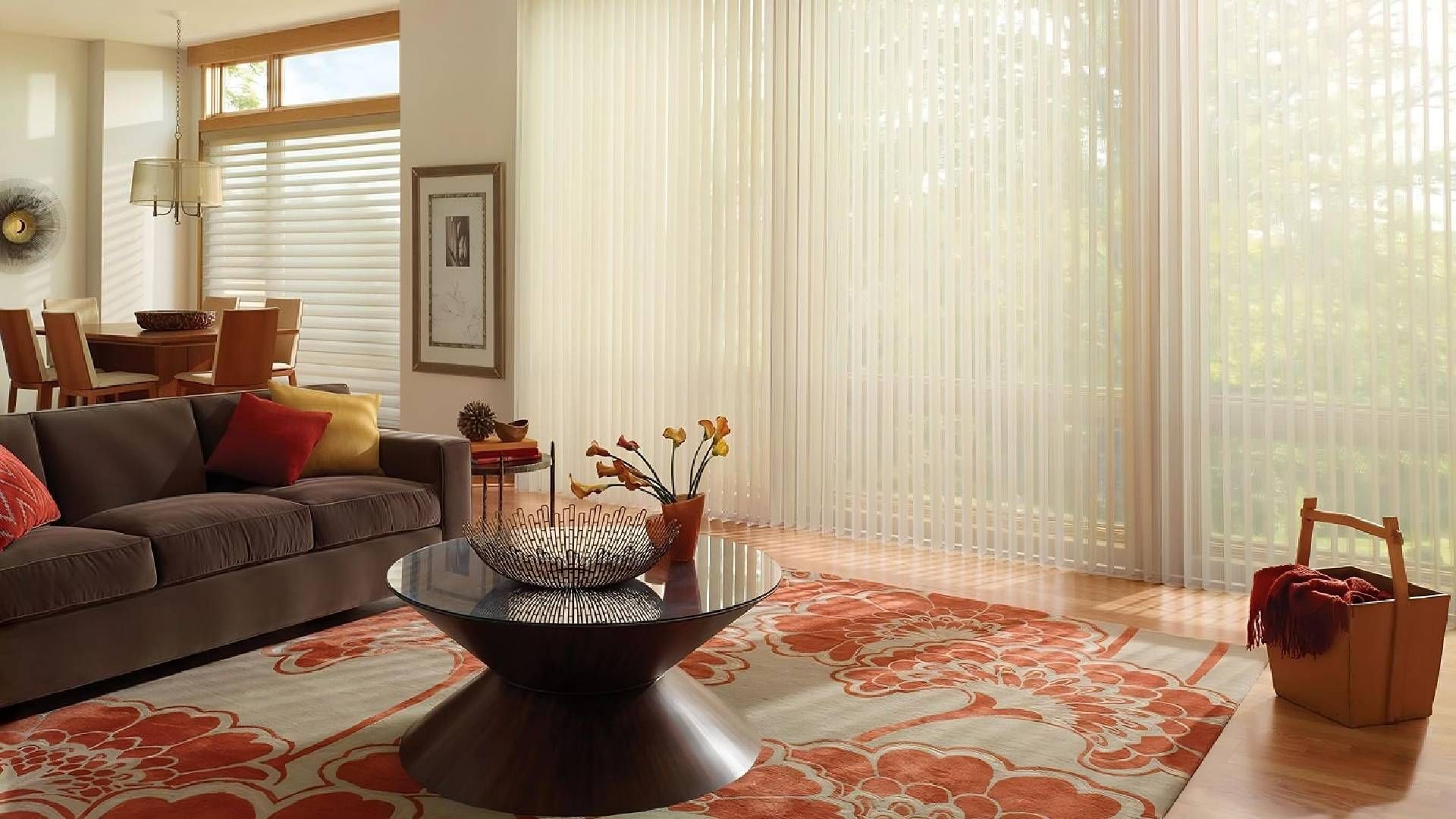Elegant home interior with sliding windows covered by Hunter Douglas Luminette® Sheer Panels near WV