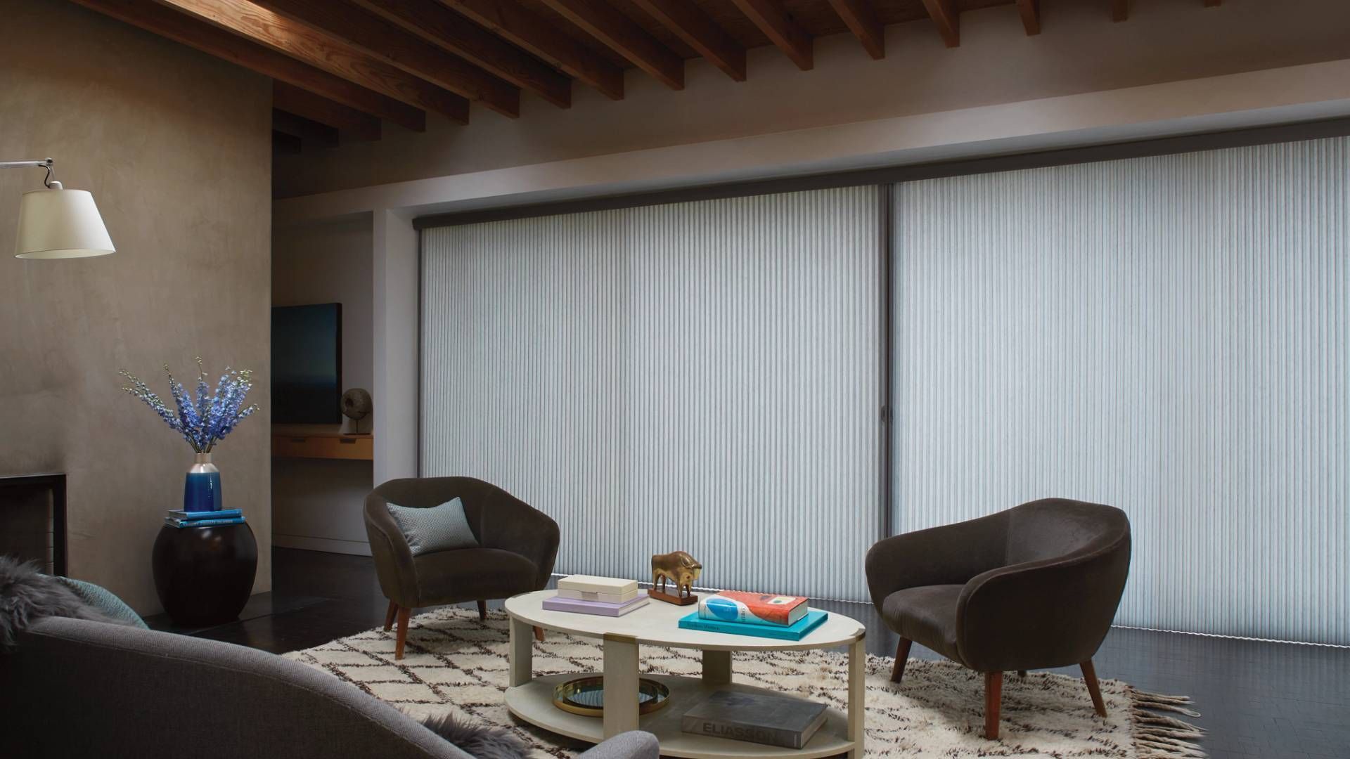 Large sliding glass doors in a simple living room outfitted with Hunter Douglas Duette® Cellular Sha