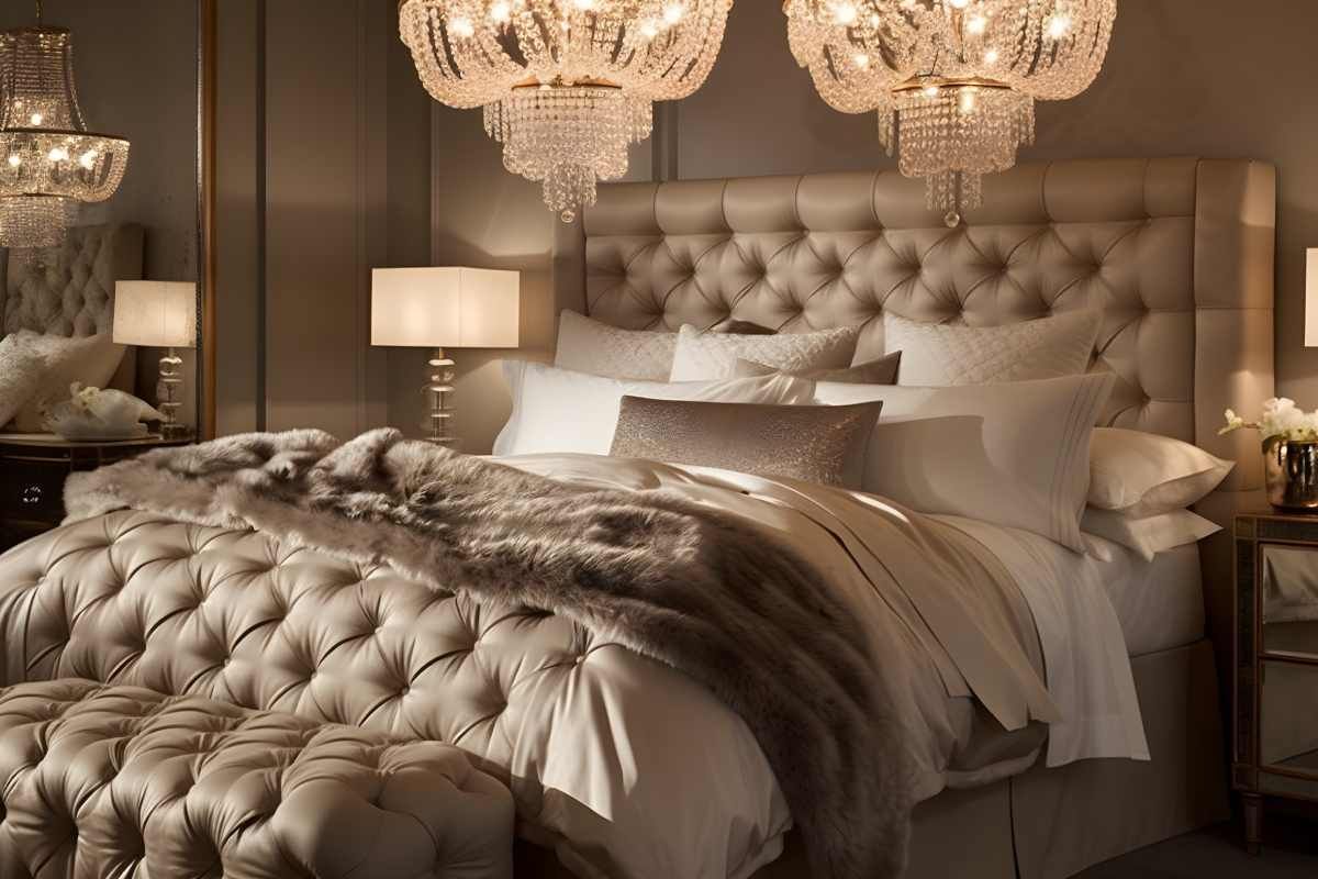 Luxurious custom bedding with throw pillows and tufted headboard and comforter in a Huntington, WV