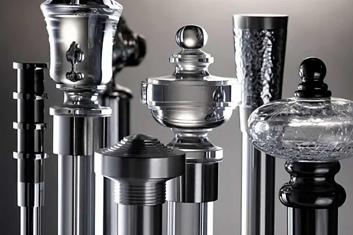 Multiple examples of glass and metal designer finials