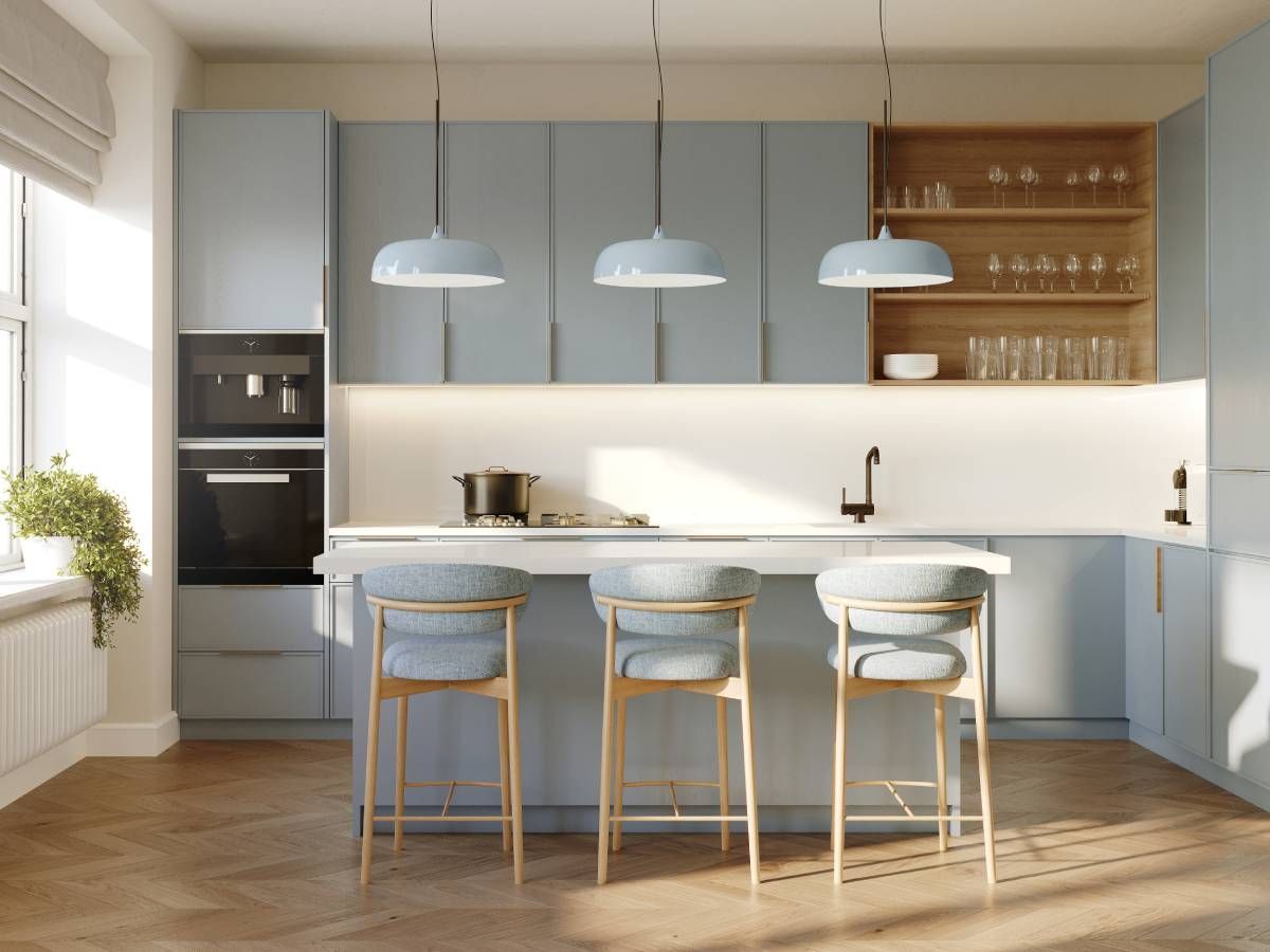 Soft white and pale blue kitchen with Scandinavian interior design and Roman shades at the window near Huntington, WV