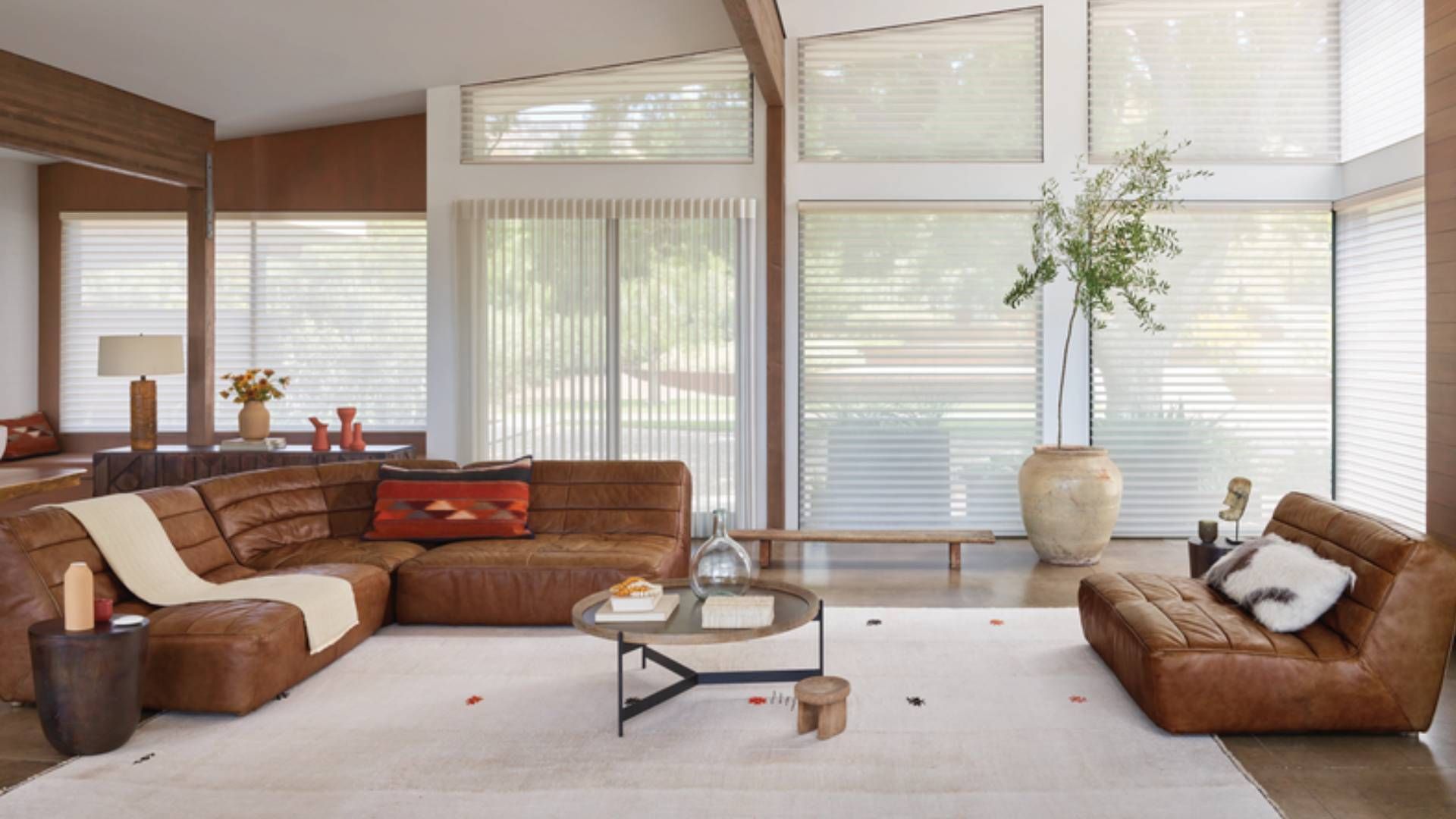 Hunter Douglas Silhouette® Sheer Shades decorating angled windows in a home living room at Curtain C