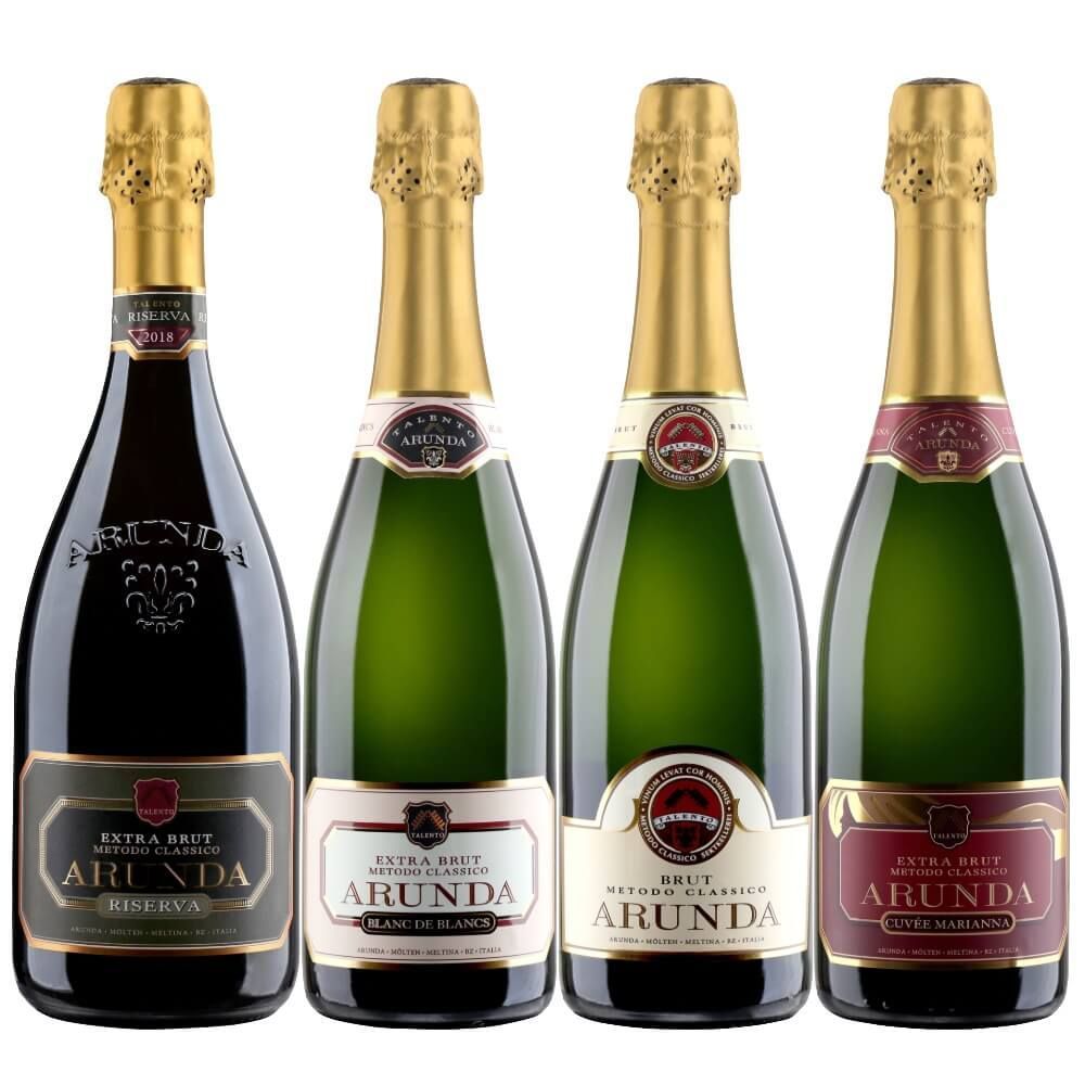 Arunda Sektkellerei, das Bild zeigt 4 Flaschen (Reserva, Brut, Extra Brut und Blanc de Blancs
