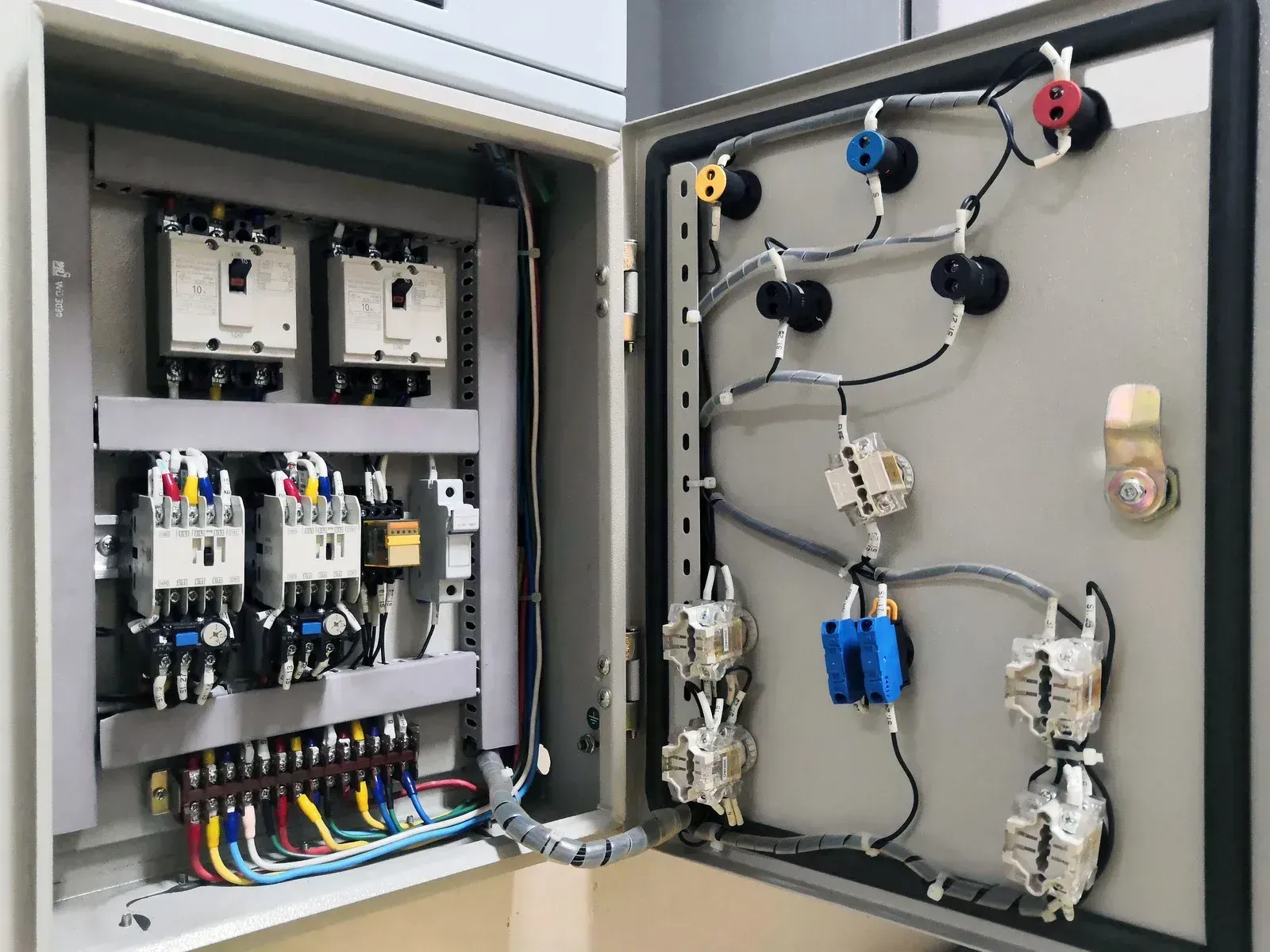 Open electrical control cabinet with wiring, switches, and relays mounted on two doors.