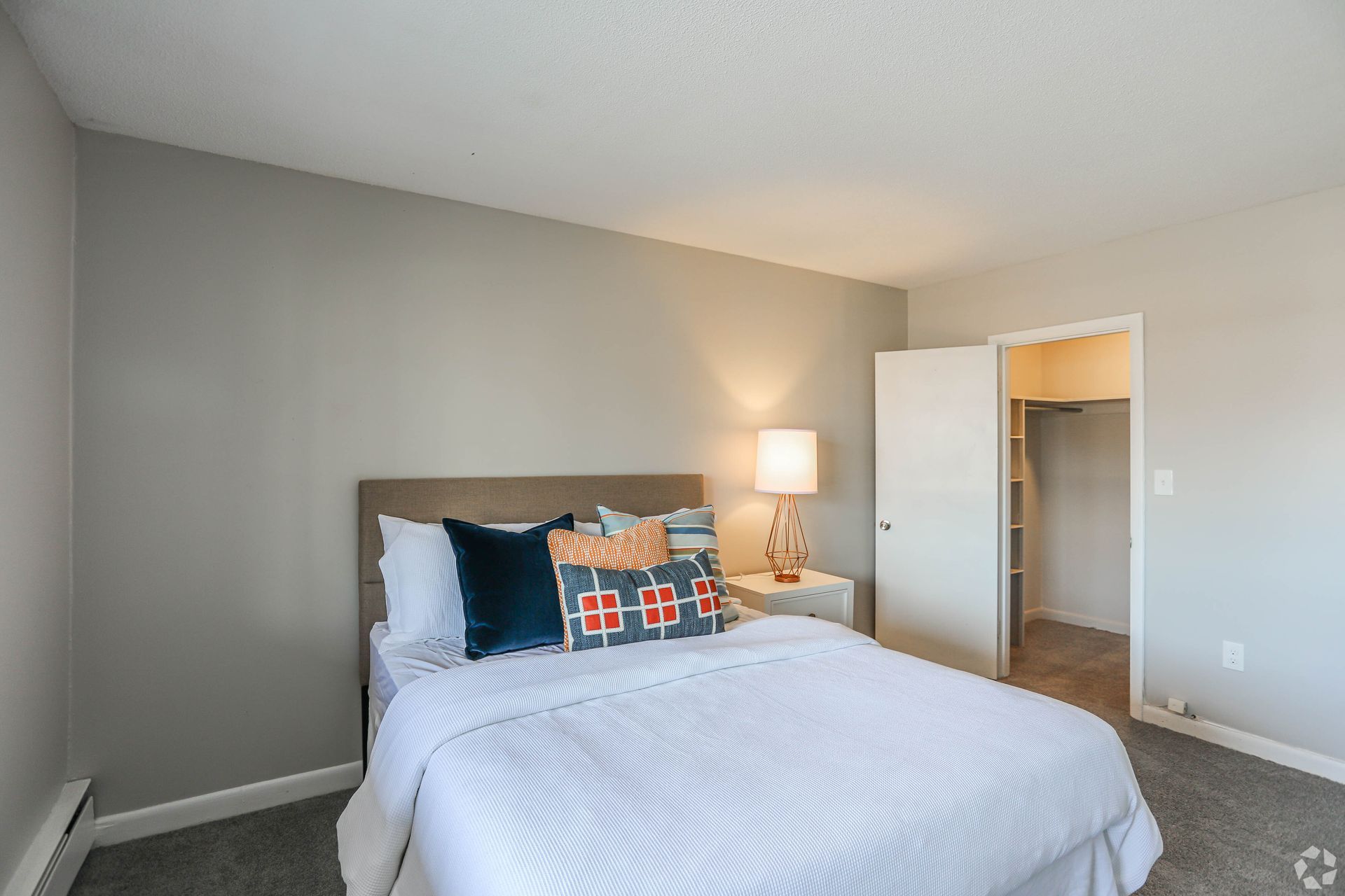 Bedroom with gray walls, bed, nightstand with lamp, and open closet.