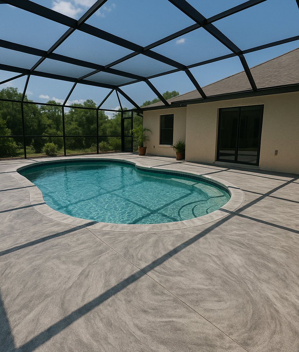 Pool enclosed by a black screened patio, with a house in the background and lush greenery outside.