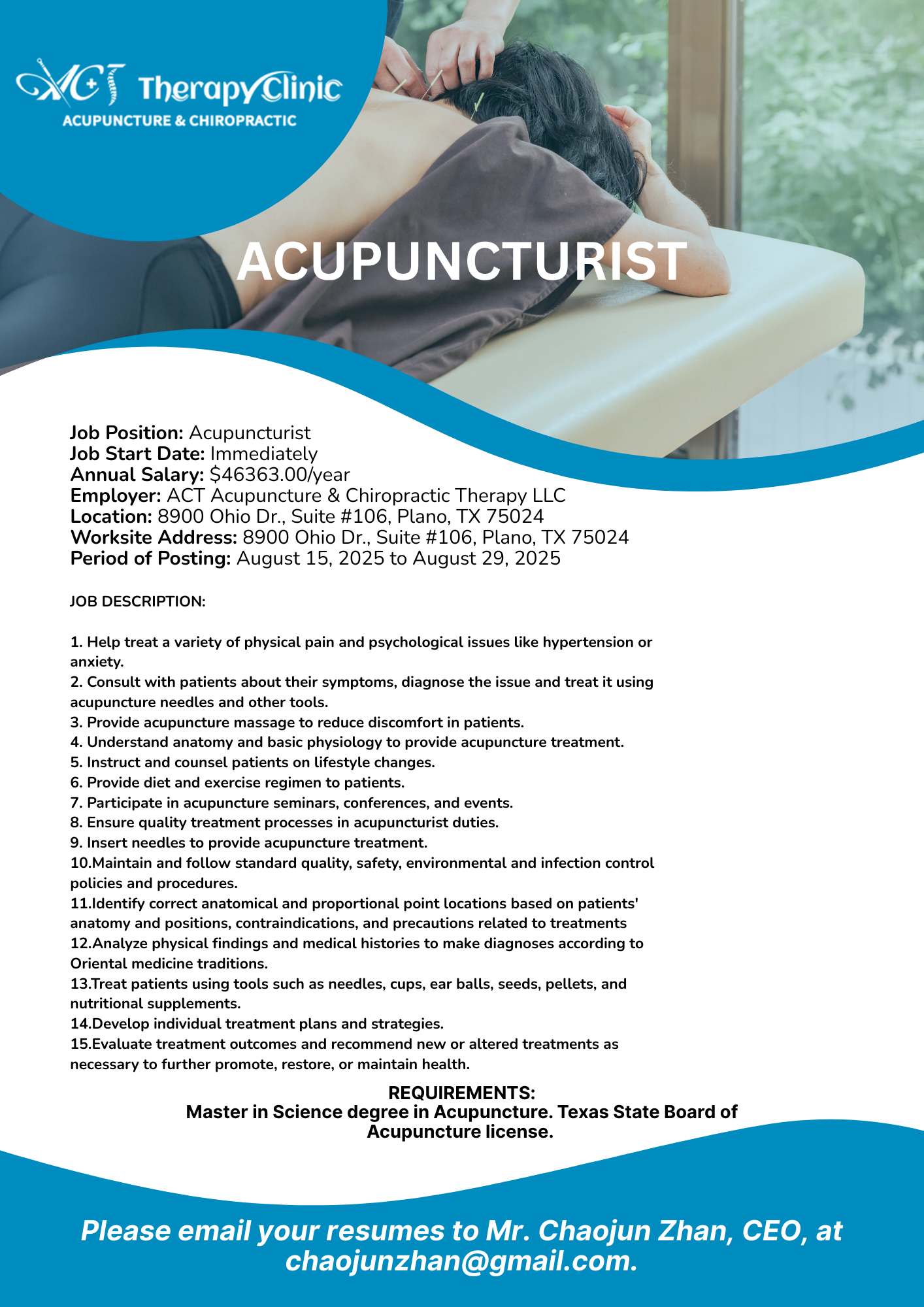 Job ad for acupuncturist at MG Therapy Clinic; a patient receives acupuncture.