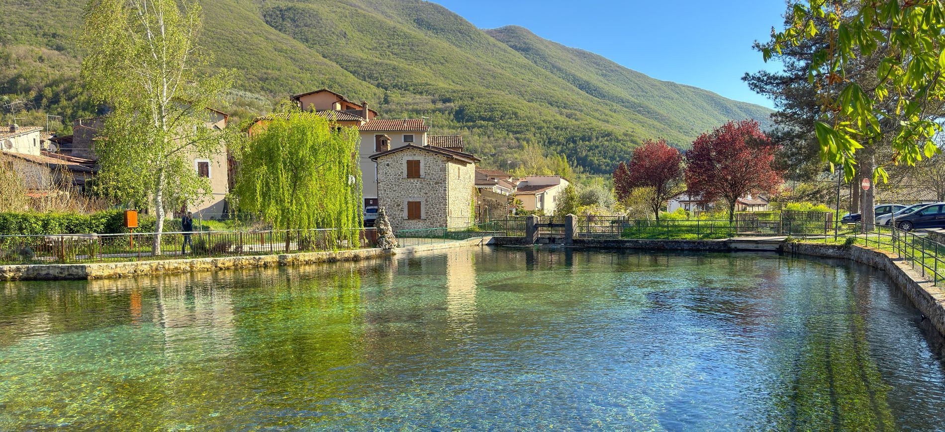 Lago di Canetra detto Lago dei Cigni, specchio d'acqua cristallina con oche e anatre, Rieti