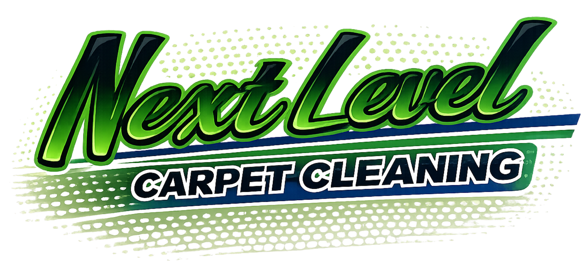 The logo for Next Level Carpet Cleaning features the company name in green, stylized text above the words Carpet Cleaning.