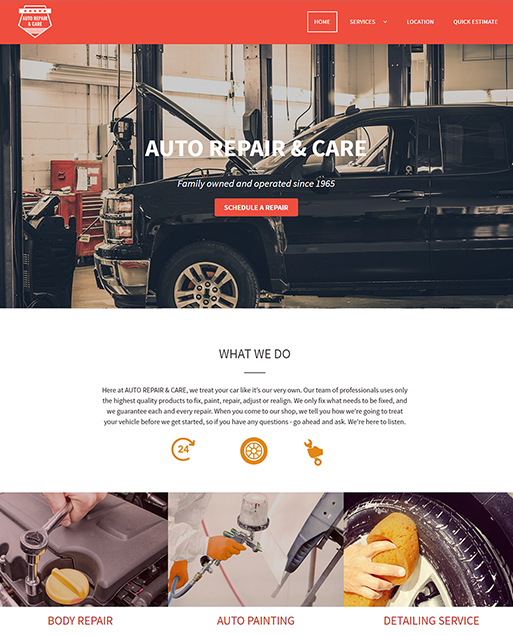 Auto repair website, a truck in a shop, orange header with navigation.