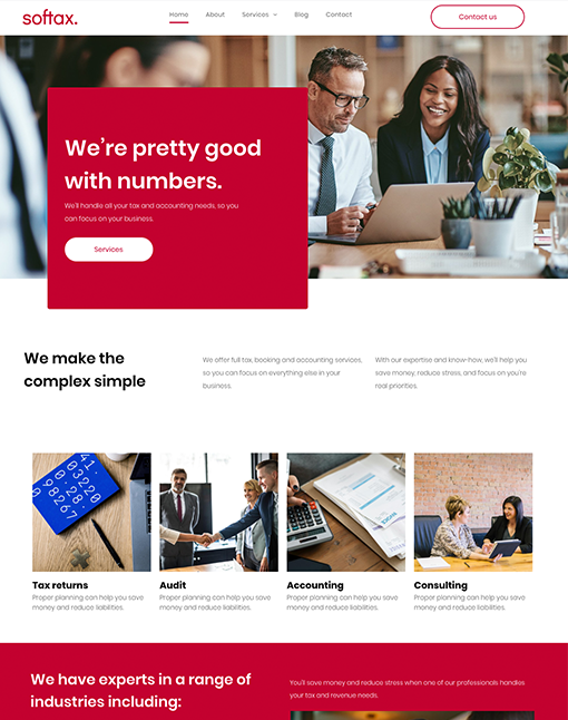 Website landing page with red accents; features a headline 