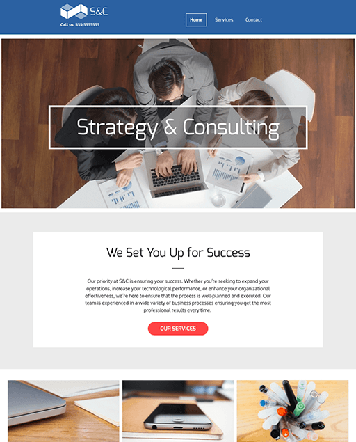 Website homepage, Strategy & Consulting, team working around a table.