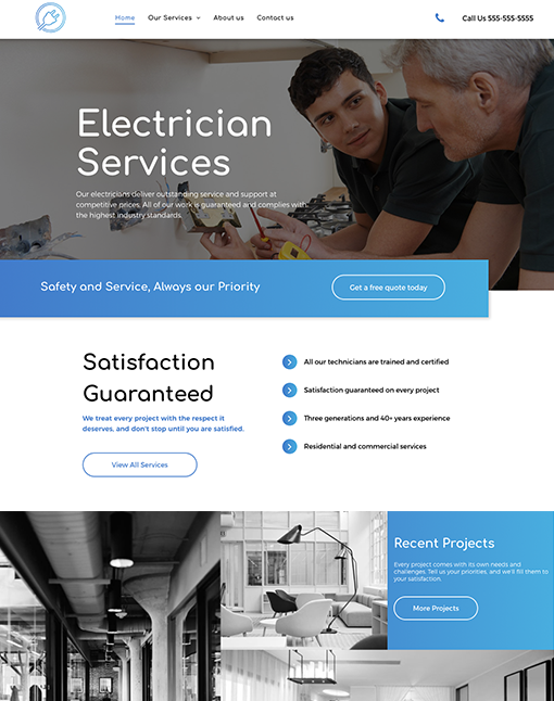 Website for electrician services; electricians working on electrical wires.