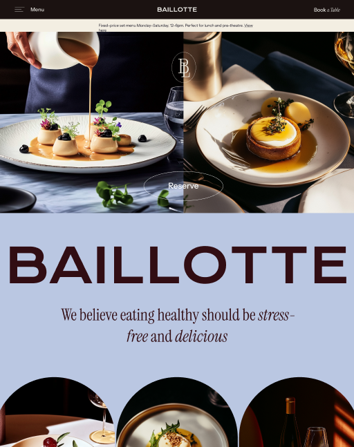 BAILOTTE logo and food photography, emphasizing healthy eating.