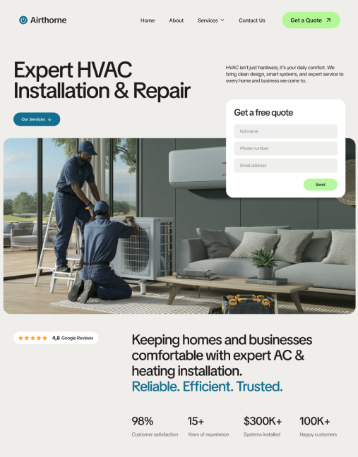 HVAC technicians installing an AC unit, website homepage promoting installation and repair services.