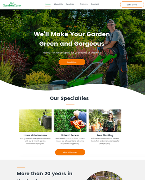 Website for a landscaping company: man mowing lawn, offers lawn care, tree planting, and other services.