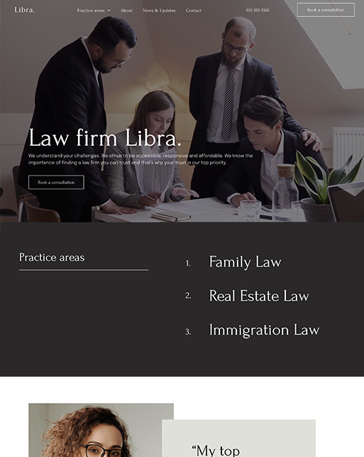 Law firm Libra website. Lawyers reviewing documents, practice areas listed.