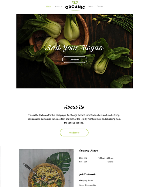 Organic food website mockup featuring bok choy, about us section, and opening hours.